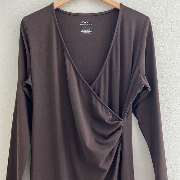 NWT OGL Light Cotton Rib Faux Wrap Light Cotton Midi Dress - Hazelnut Coco - Picture 5 of 10